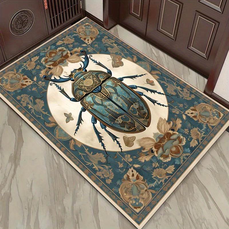 Vintage Beetle Rug with Floral Border  Antique Style Living Room Carpet, Nature-Inspired Home Decor Items Skid resistant carpet