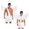 Mens Halloween Angel Costume One Shoulder Strap Ruffle Skirt Feather Angel Wings Hair Hoop Set