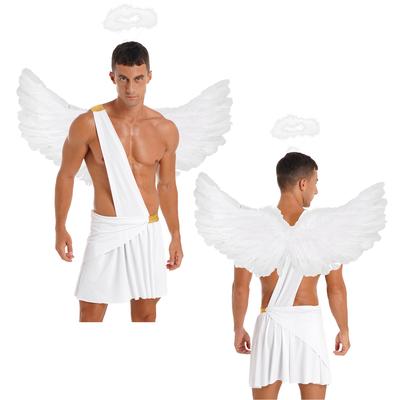Men Three Piece Halloween Angel Cosplay Costume S-3XL - One Shoulder Strap Ruffle Skirt with Feather Angel Wings and Hair Hoop Set