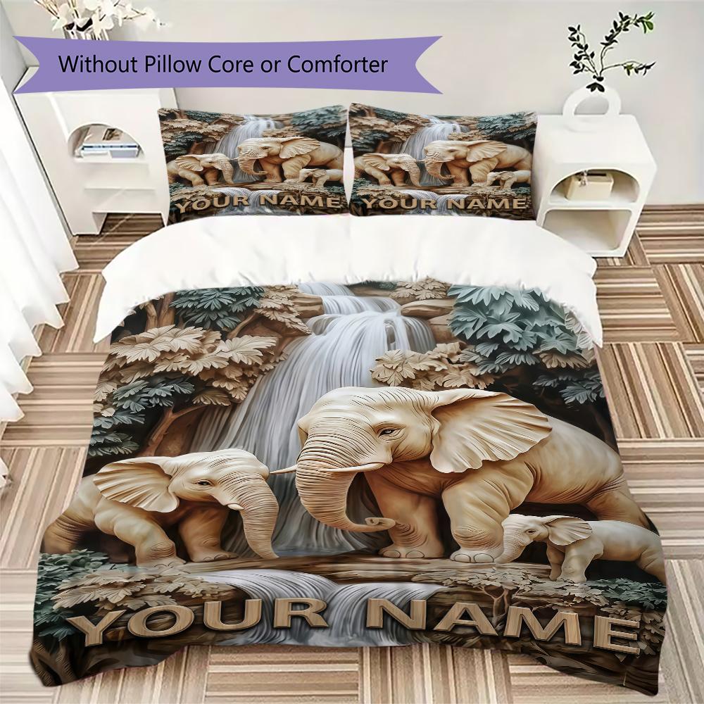Custom Name Jungle Elephants Waterfall Bedding,Quilt Set Quilt Cover Pillowcase Home Birthday Gift(1 * Duvet Cover + 2 * Pillowcase, Without Core)_lx