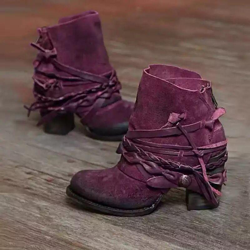 Wind Autumn Winter Fashion High Heel Round Head Rear Zipper Low Boots Woven Martin Boots