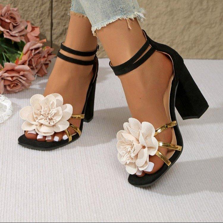 Fashion Women's Square Head Open Toe Flower Fine Strap Non-slip Wear Resistant Chunky Heels Party Super High Heel Sandals