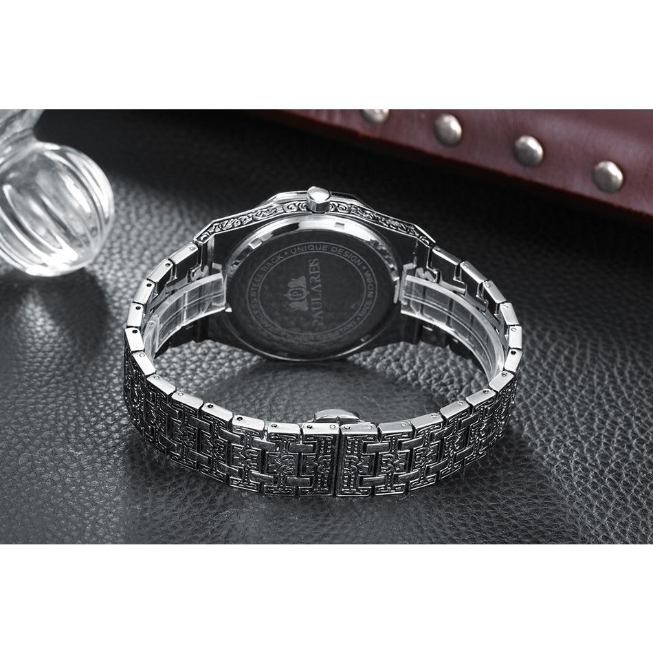 Paulareis Quartz Carved Oak Calendar Men's Luminous Watch