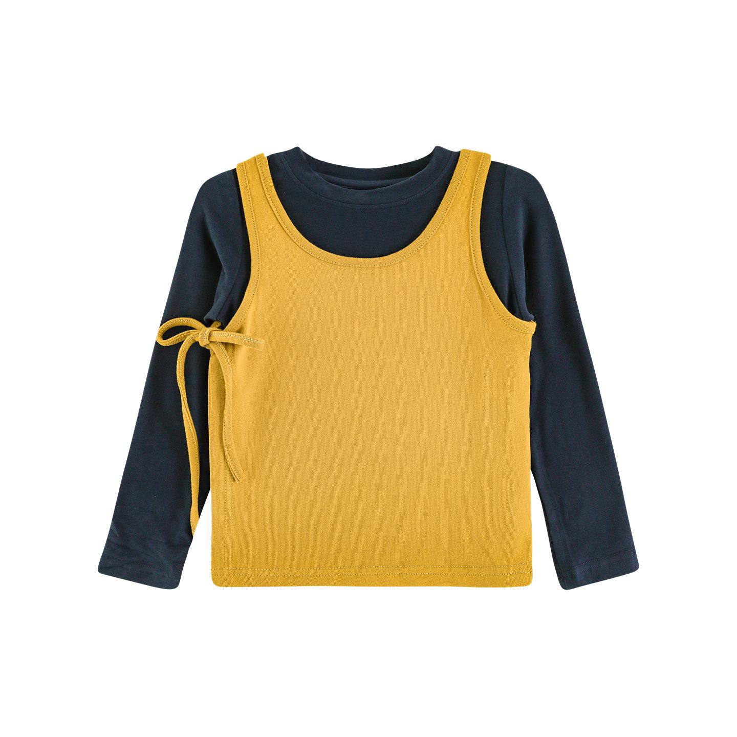 

Wuli Bu Girl 2025 Autumn Warm Two-Piece Set: Cute Color-Block Detachable Camisole & Base Shirt 140 cm