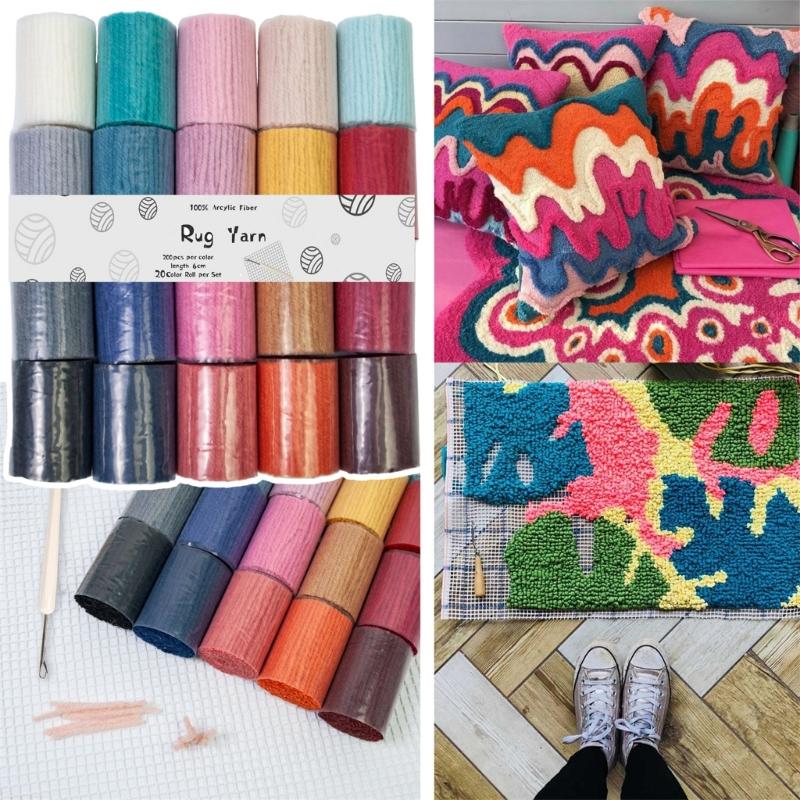 20 Color Acrylic Yarn Set With Latching Hook Crochet Needle Mesh Fabric For Beginner Carpet Making Embroidery Craft