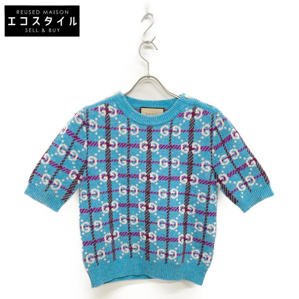 Gucci 23AW 731583 XKC1H Blue Wool Gold Button GGx Check Half Sleeve Knit Pullover Tops XS blueUsed