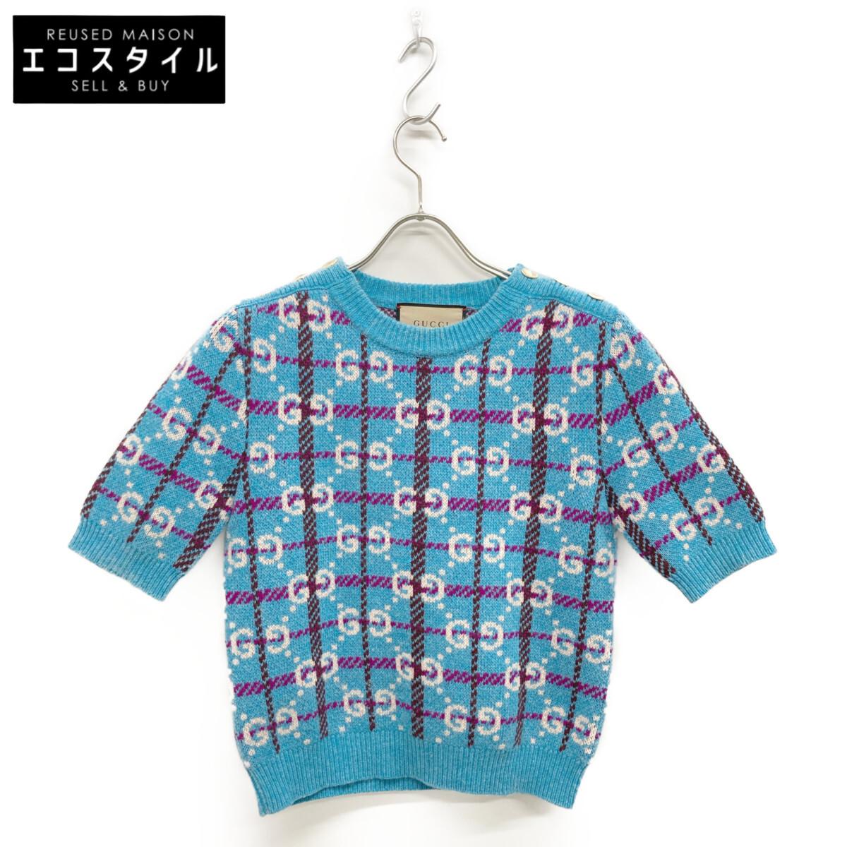 

GUCCI 23AW 731583 XKC1H Blue Wool Gold Button GGx Check Half Sleeve Knit Pullover tops XS blueUsed
