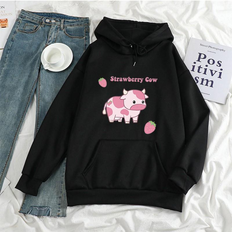 Womens Strawberry Milk Print Hoodie Long Sleeve Cute Harajuku Style Loose Fit Sweatshirt