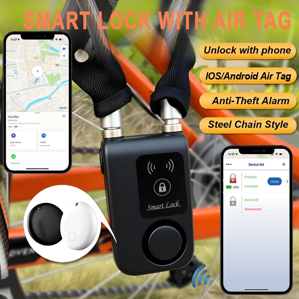 Lucchetto Intelligente Wireless Antifurto Catena in Rame Lucchetto a Catenaccio Impermeabile IP55 Catena da 80cm Allarme 110dB Biciclette/Motociclette/Monopattini Elettrici App