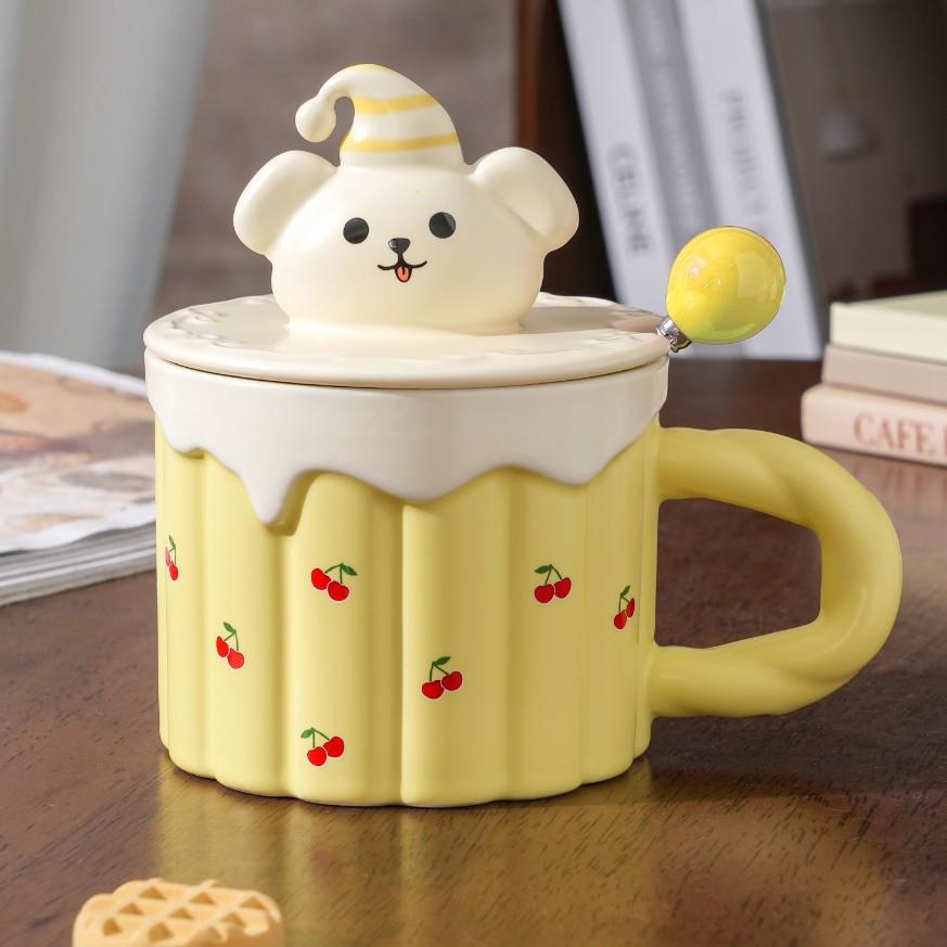 

400ML European Ceramic Cake Coffee Mug with Lid and Spoon Cute Dog Design Delicate Afternoon Tea Latte Cup Home Breakfast Mug 400ML