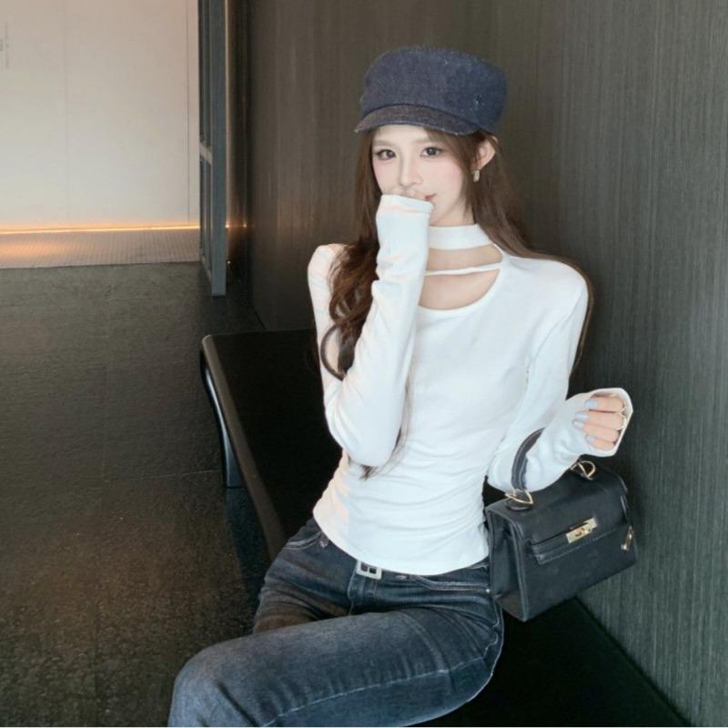 Women's Autumn Winter Hanging Neck Base Shirt Solid Color Slim Fit Korean Style Top Temperament Commuting Style Lady Pullover Shirt