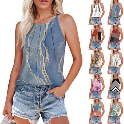 Damen Sommer Tank Tops Plissee O-Ausschnitt Druck Casual Top Tank Tops Für Frauen Loose Fit Ärmellose Shirts