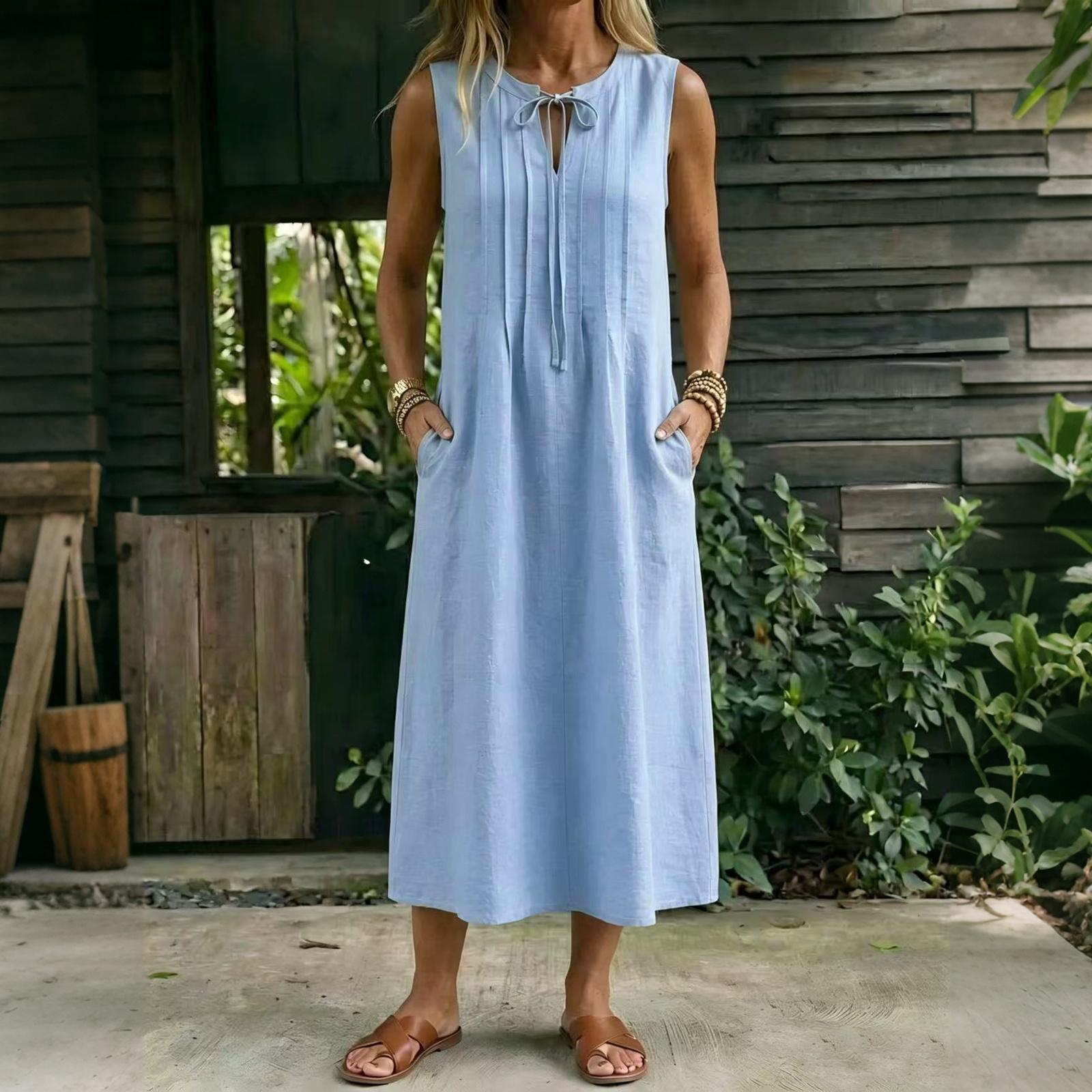 

Women Sleeveless Casual Dress Summer Loose Fit Midi Dress with Round Neck and Tie Detail Side Pockets Lightweight Comfortable L