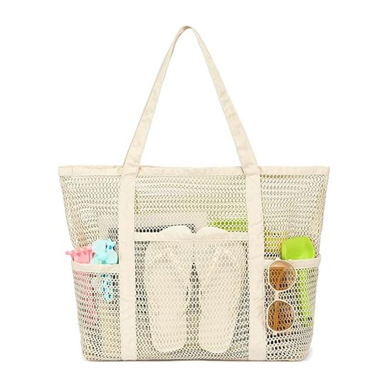 

Large Mesh Beach Bag High Capacity Multi Pocket Swim Bag Portable Travel Shower Organizer Tote бежевый
