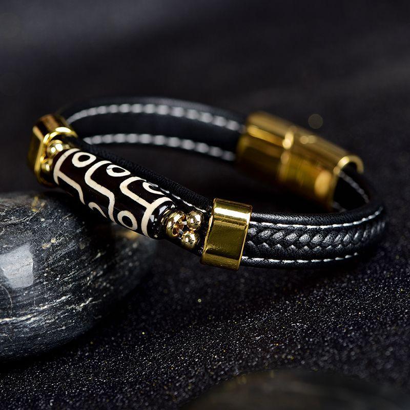 Handmade Black Gold Leather Bracelet with Tibetan Nine-Eyed Dzi Bead - Retro Ethnic Style for Men