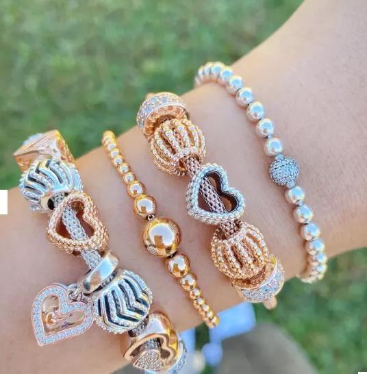 Charm Cœur Ouvert et Fleurs Roses, Charm Cœur Ouvert Perlé Argent SS925 Romantique Pour Bracelet Fabrication DIY Cadeau pour Amoureux