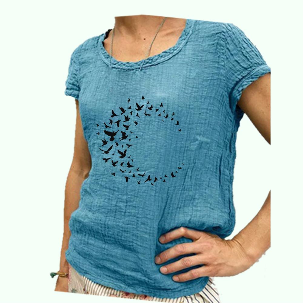 

Женская модная футболка с коротким рукавом, весна-лето, хлопковая льняная футболка с круглым вырезом и принтом XXXXL озеро синий