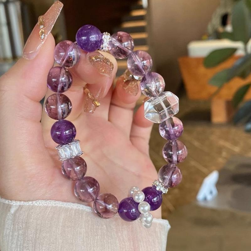 Natural Uruguayan Amethyst Bracelet with Design Elements, White Crystal Bead Bracelet for Women, High-End Authentic Jewelry Gift 【Amethyst/Purple Tower