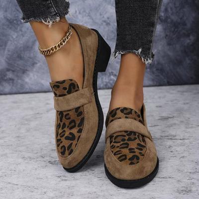 Leopard Print Pointed Casual Flat Bottom Coarse Heel Casual Shallow Single Women's Loafers