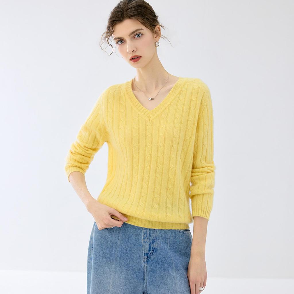 Lekasha Cashmere Cable Knit V-Neck Loose Base Layer Shirt