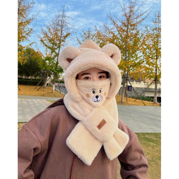 Winter Plüsch niedliche Bärenohren Schal Mütze und Masken-Kombination für Damen, dreiteiliges Set für Radfahren, Kälteschutz und Wärme