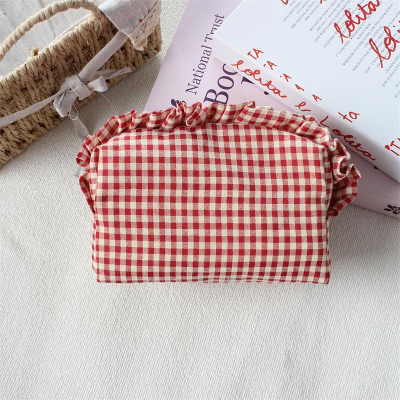 Cute High-Value Makeup Bag Case Fresh Grid Lace Pencil Case Portable Large Capacity Toiletry Cosmetic Bag Student Storage Pouch