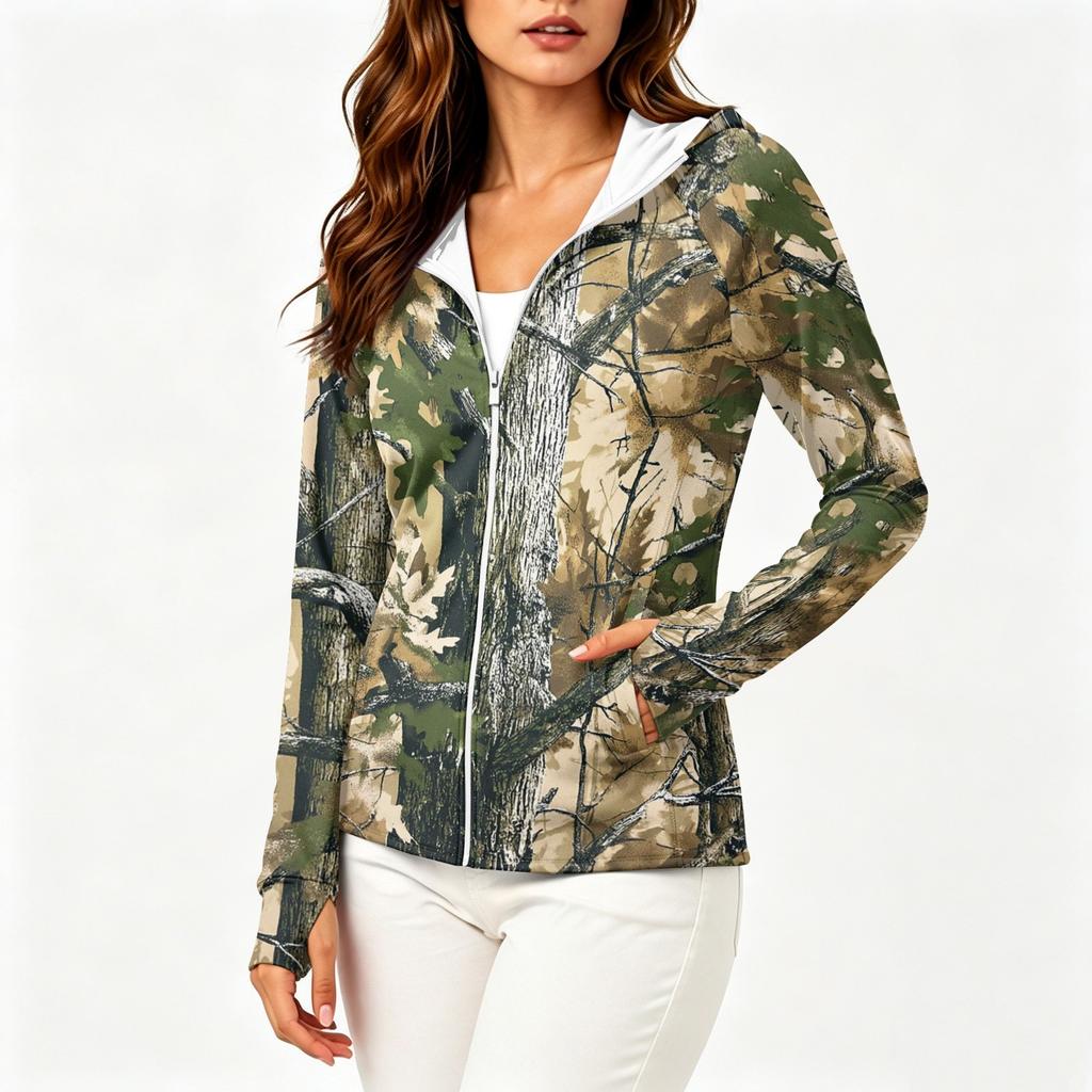Women's Lightweight Zip-Up Hooded Jacket with Long Sleeves Pockets and Camouflage Print Sun Protection Outerwear