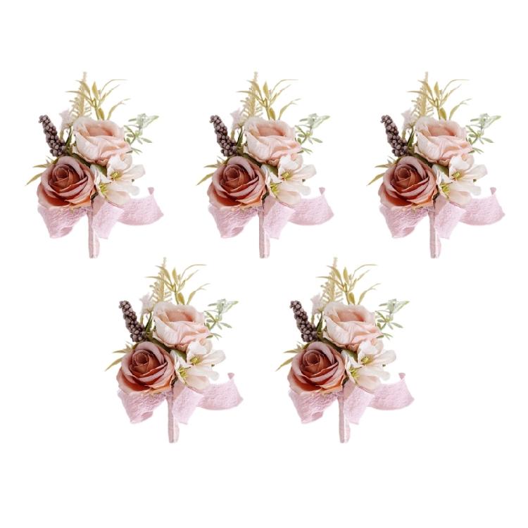 5Pcs Artificial Rose Boutonniere for Wedding Ceremony Anniversary, Dinner Party, Rose Corsages Wristband for Bride Groo
