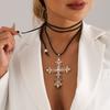 Inlaid Baroque Pearl Exaggerated Cross Flannel Rope Necklace Adjustable Drawstring Necklace