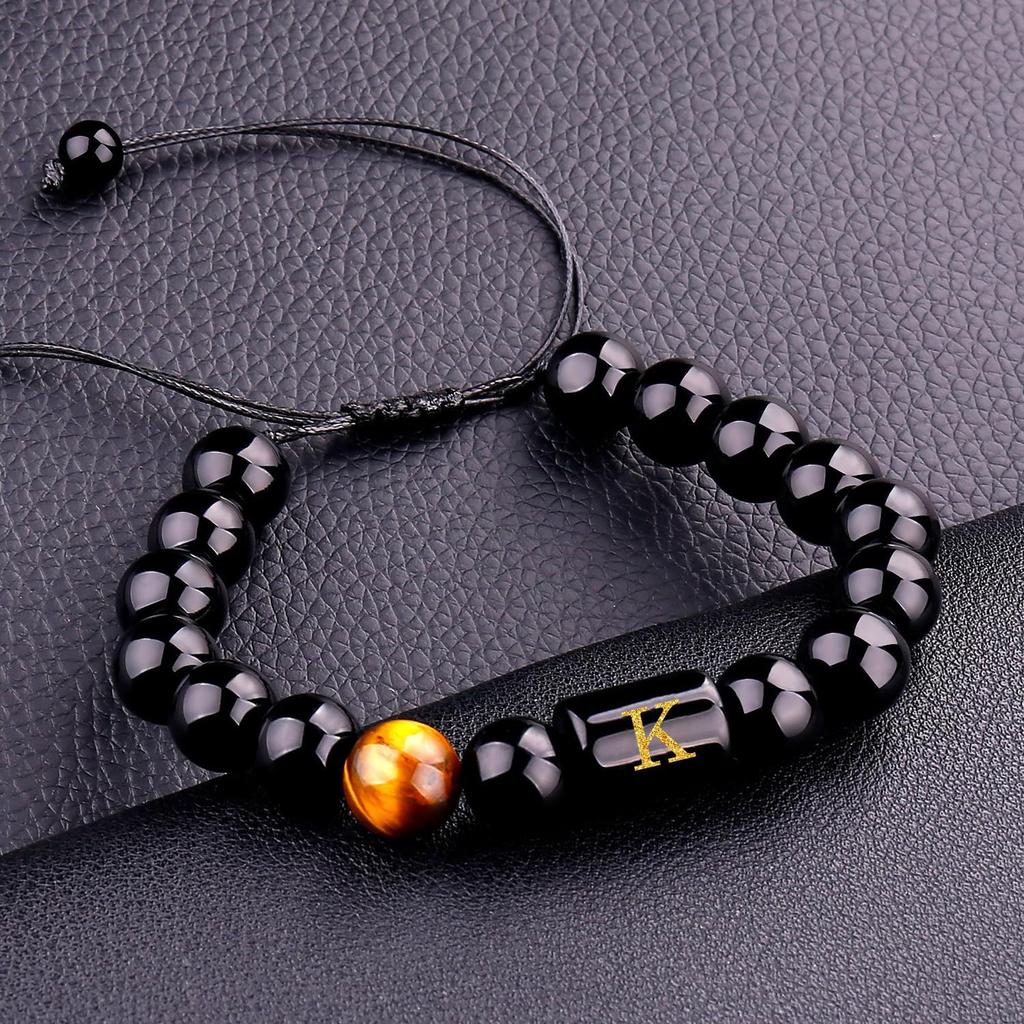 Initialenarmbänder für Männer Buchstabenarmband Natürliches Tigerauge Schwarzer Onyx Perlenarmband Handgefertigter Schmuck Geschenk für Männer