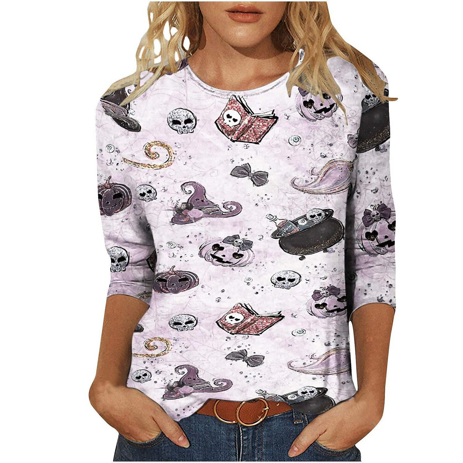 

Весенне-осенние футболки с круглым вырезом и 3D-принтом тыквы, скелета, кошки, паука. Модные повседневные женские футболки с длинным рукавом 5XL