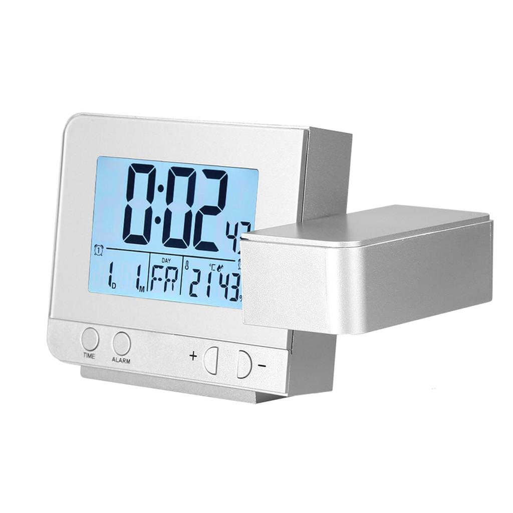 LED Multifunction Projection Digital Alarm Clock with Temperature Humidity Display USB Charging 180 Degree Rotatable for Bedroom Silver 14cm