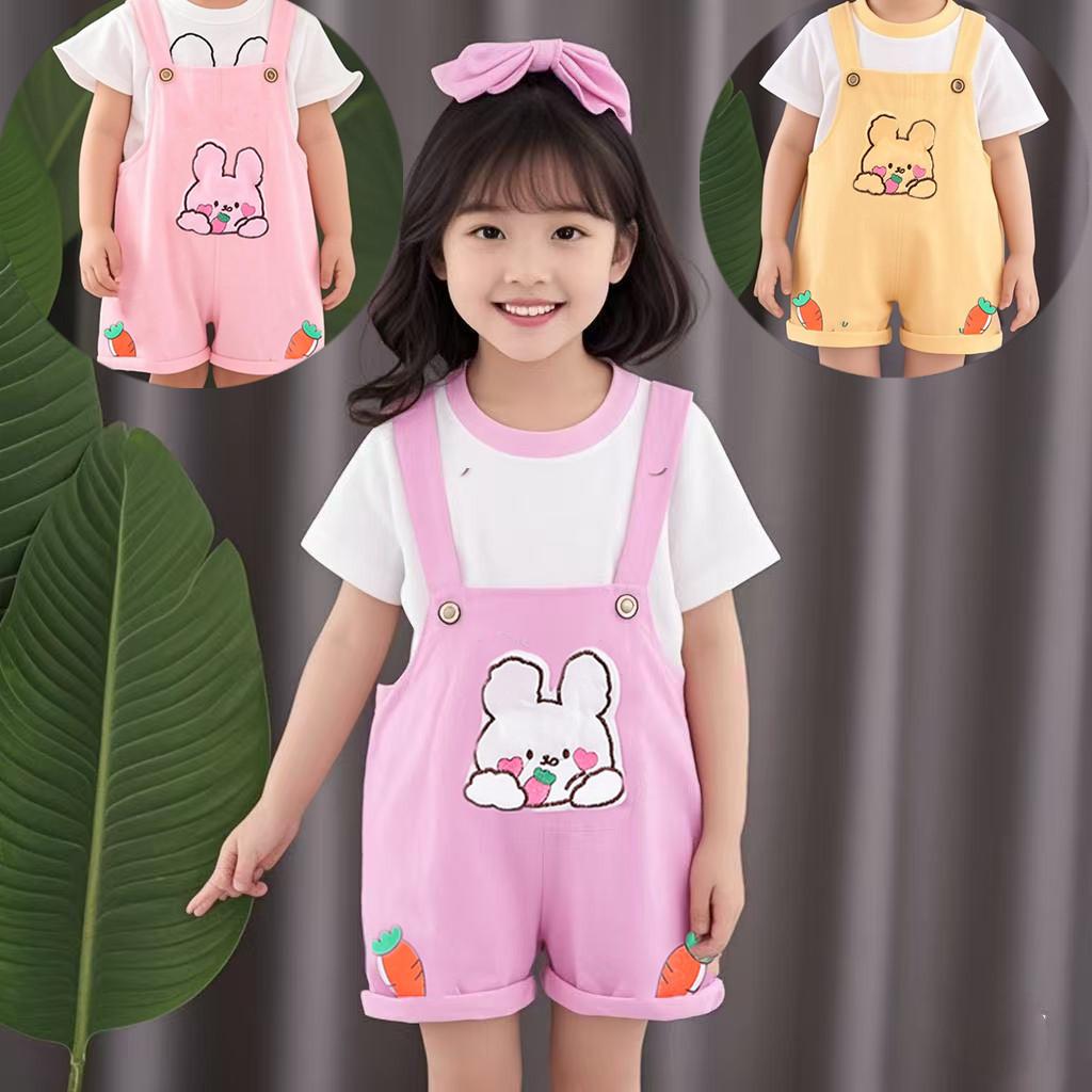 Girls' summer short sleeved set, new baby carrot rabbit overalls, girls' summer two-piece set