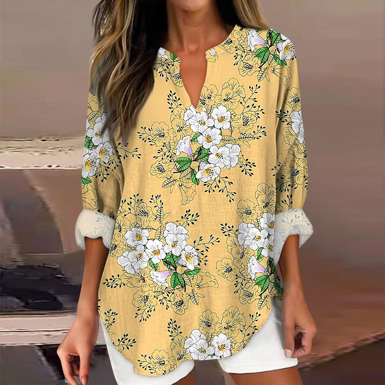 

Женские модные повседневные топы с v-образным вырезом и длинным рукавом с цветочным принтом S жёлтый