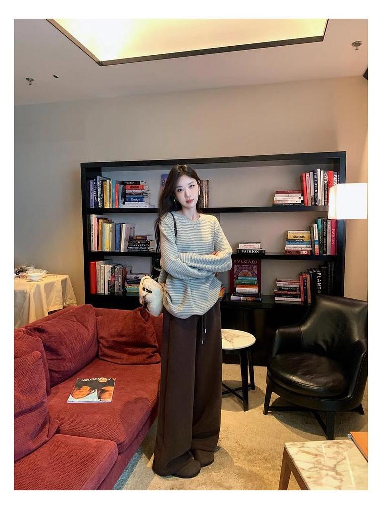 700g Lambswool Heavyweight Fleece Brushed Women's High-Waist Wide-Leg Warm Trousers