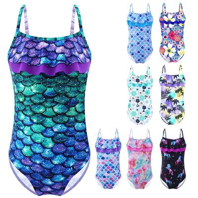 Kids Girls One-piece Jumpsuit Swimwear Adjustable Straps Ruffle Hem Printed Cut Out Open Back Swimming Bathing Bodysuit