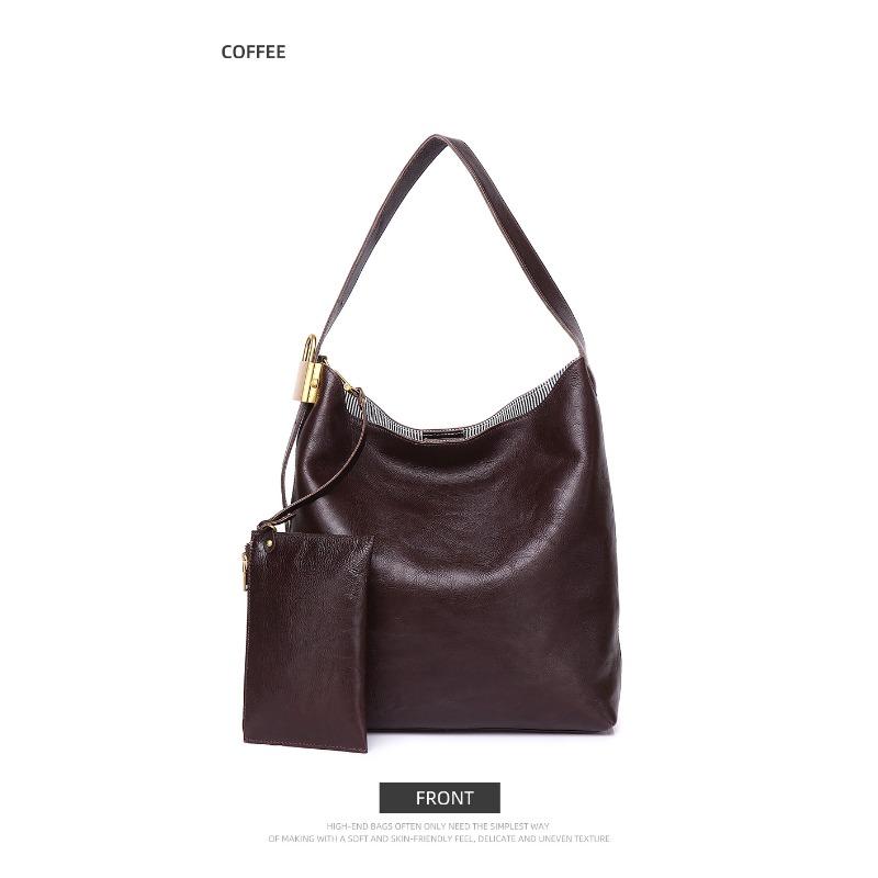 

Light Luxury Bucket Bag Bag Large Capacity Tote Bag First Layer Cowhide Shoulder Bag Women темно-коричневого кольору