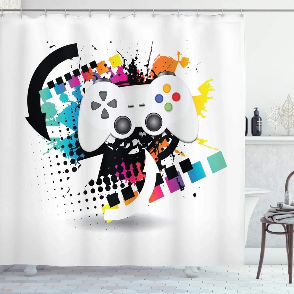 Modern Gamer Shower Curtain Video Game Controller Bath Curtain Room Decor Bright Colorful Geometry Waterproof Bathroom Curtains