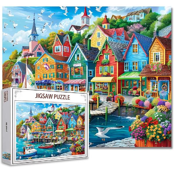 Tucocoo Jigsaw Puzzles 1000 Pieces for Adults-Colorful Seaside Town Hardboard Puzzle-Challenging Puzzle Perfect for Game Nights-DIY Home Wall