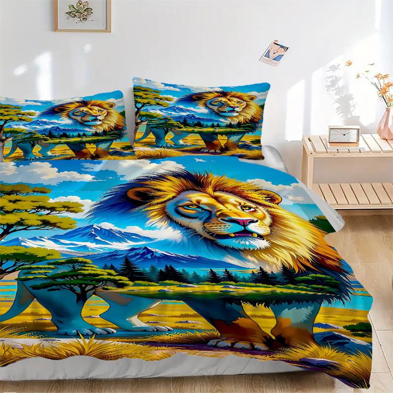 

3pcs Lion Safari Duvet Cover Set -Includes 1 Duvet Cover and 2 Pillowcases, No Quilt Core, All-Season Home Decor yy251111117 135x200cm