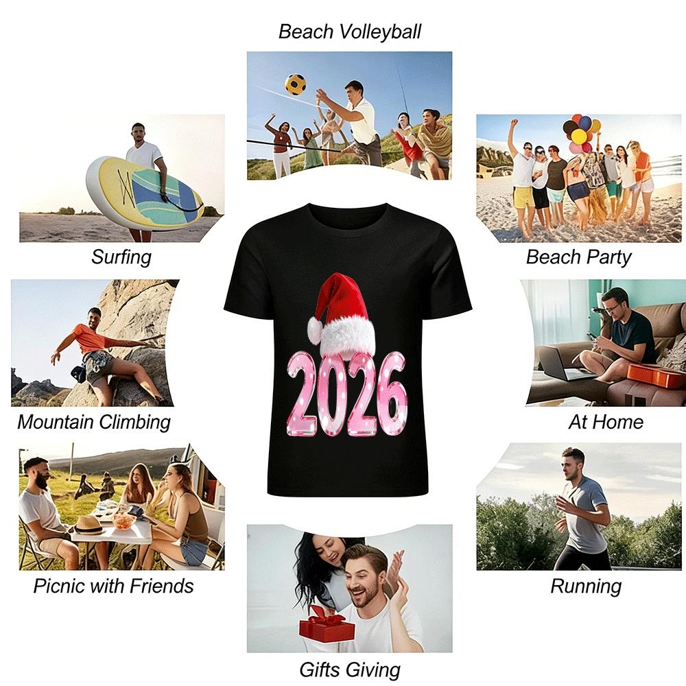 2026 Christmas New Year Pink Number Print Casual Top Pure Cotton T-shirt