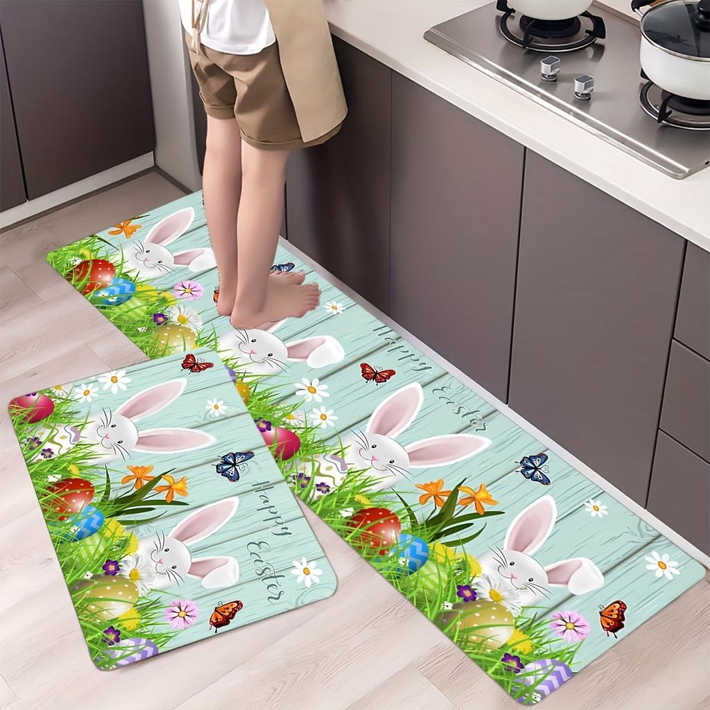 1Pcs Easter Themed Kitchen Mat Soft  Cute Bunny Egg And Wood Grain Print Kitchen Floor Mat Waterproof Non-slip Oil-proof Floor Mat Runner Rug