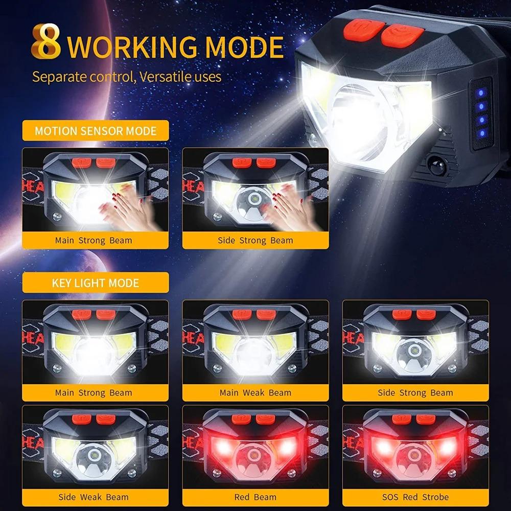 8 Modes LED Headlamp with Motion Sensor COB Flashlight Powerful Headlight for Camping Fishing Handheld Torch Head Light