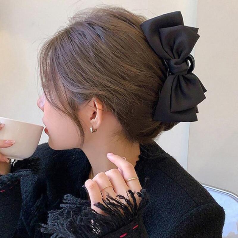 Black hairpin, big size ribbon clip, silky fabric black