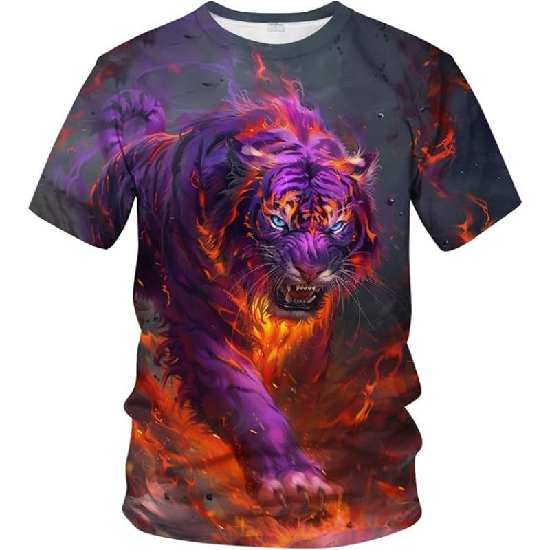 Men's Summer 3D T-shirt Fashionable Casual Loose Pattern Animal Tiger Print Round Neck Short Sleeved T-shirt Top