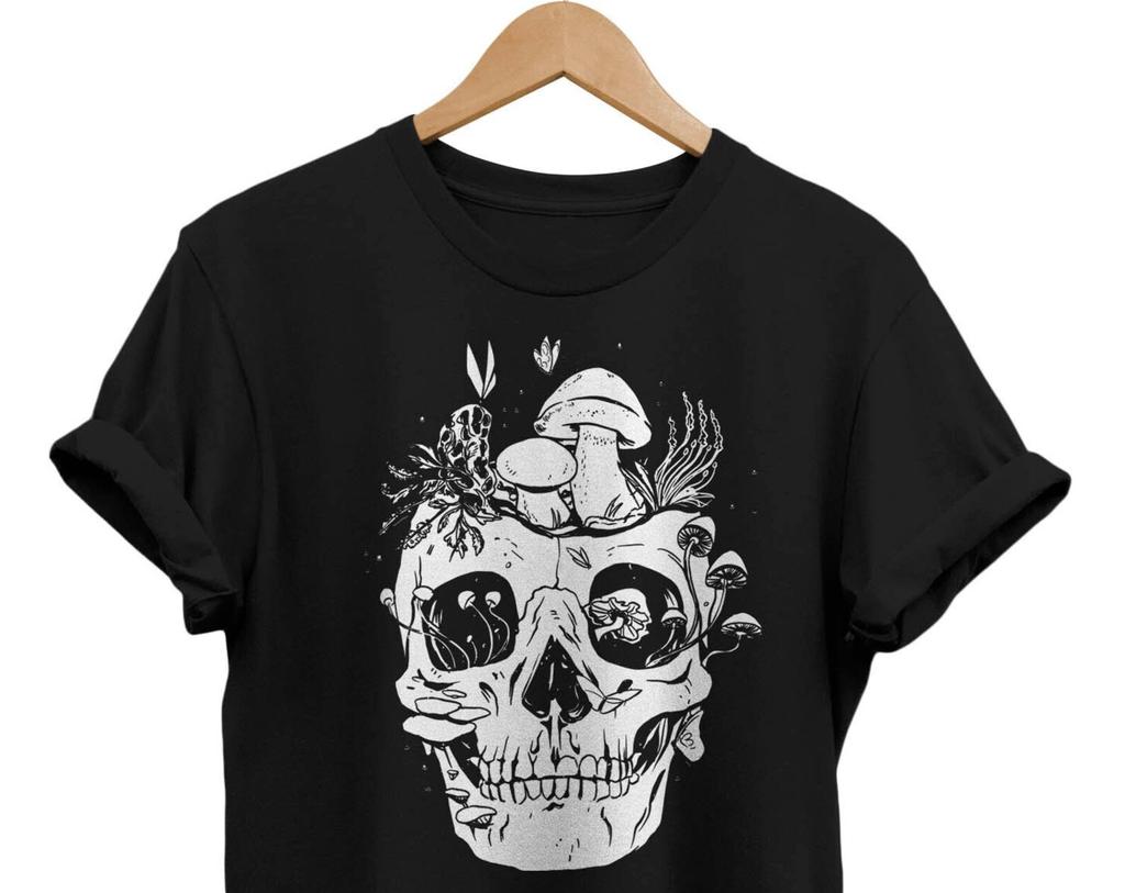 Goblincore Mushroom Skull T-shirt, Dark Cottagecore Graphic Tee, Goth Style Gifts