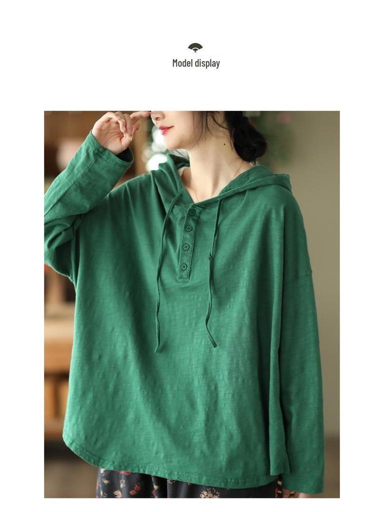 2025 Spring Retro Hooded Pullover: Women's Casual Loose Fit Solid Color Long Sleeve Sweatshirt
