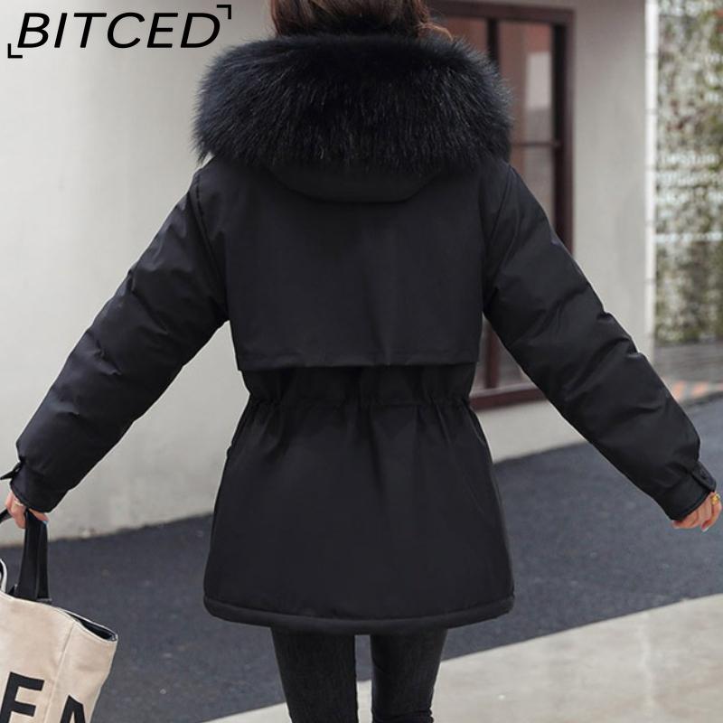 BITCED Women's Mid-Length Drawstring Cotton Coat with Fleece Lining Loose-Fit Puffer Jacket with Down-Fill Cotton Padding Winter Outerwear