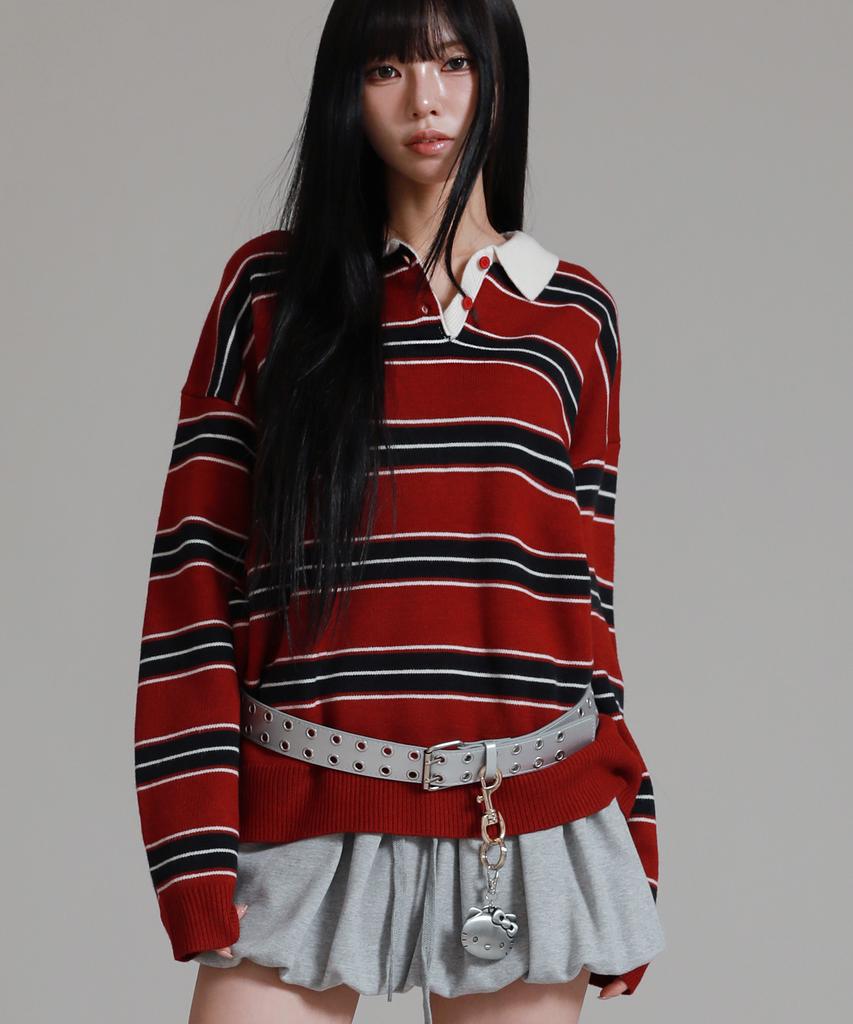 LIKE THE MOST Oversized Multi-Stripe Rugby Collar Knit_Wine