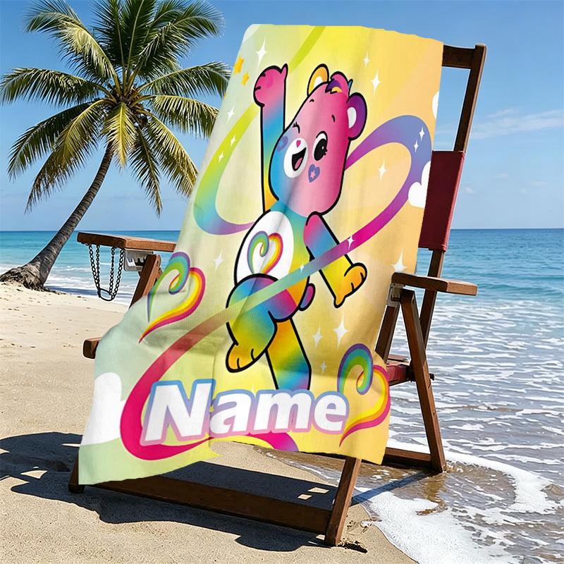 Custom Name Personalized Care Bears Print Beach Towel, for Trip Camping Beach Party Home Decor, Birthday Gift for Family & Friends